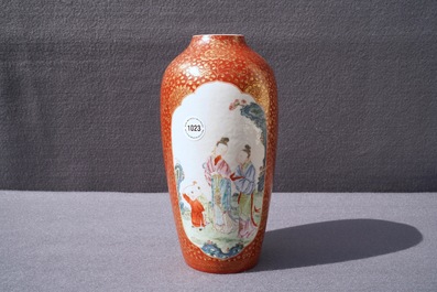 A Chinese famille rose gilt coral-ground eggshell vase, Yongzheng